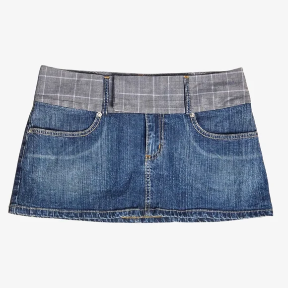 Y2k Rare Heart Moon Star Denim Mini Skirt with Plaid Waistband ! - Picture 1 of 6